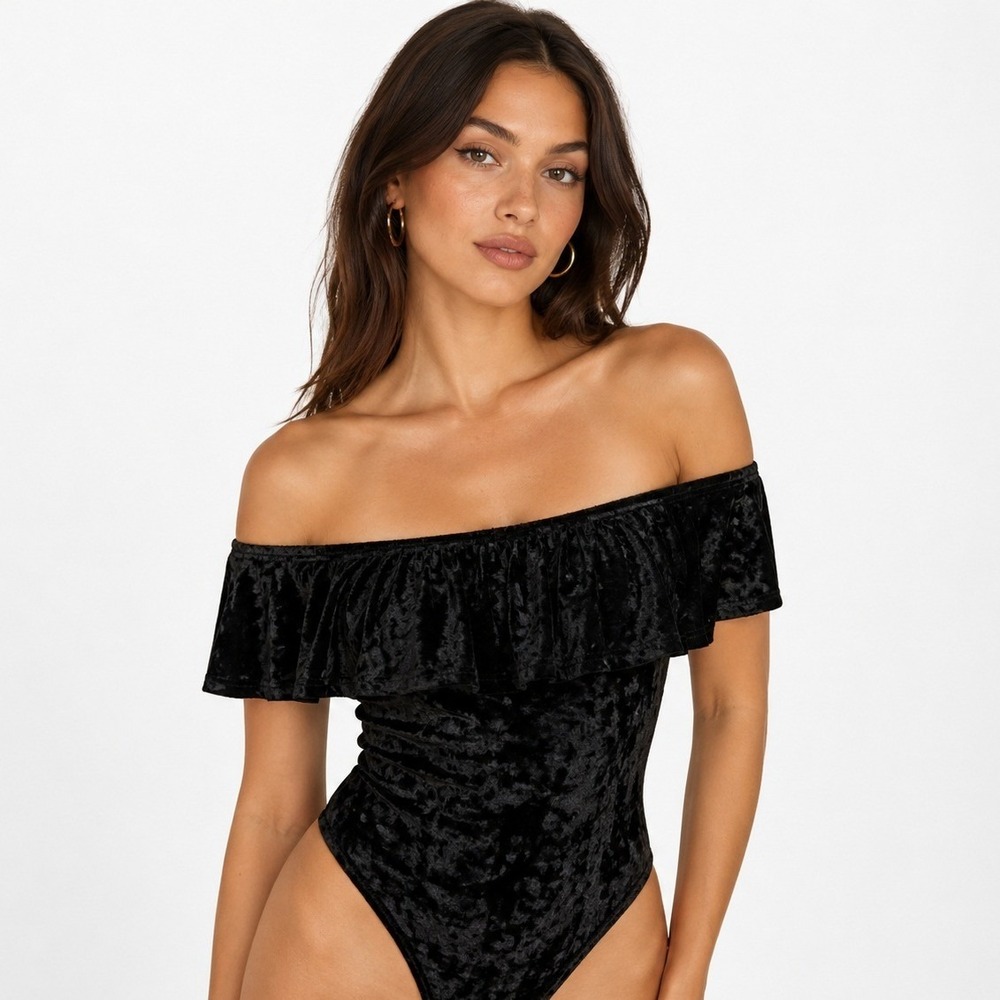 San Joy Womens Black Crushed Velvet Off Shoulder Ruffle Thong Bodysuit S NWT